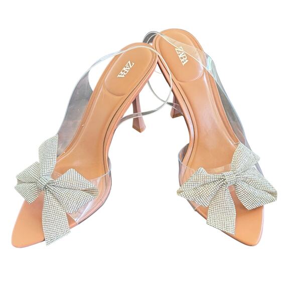 New ZARA Clear Vinyl Nude Stiletto Pointed Sandals Rhinestone Bow Sz 39 US 8.5 - Picture 1 of 10